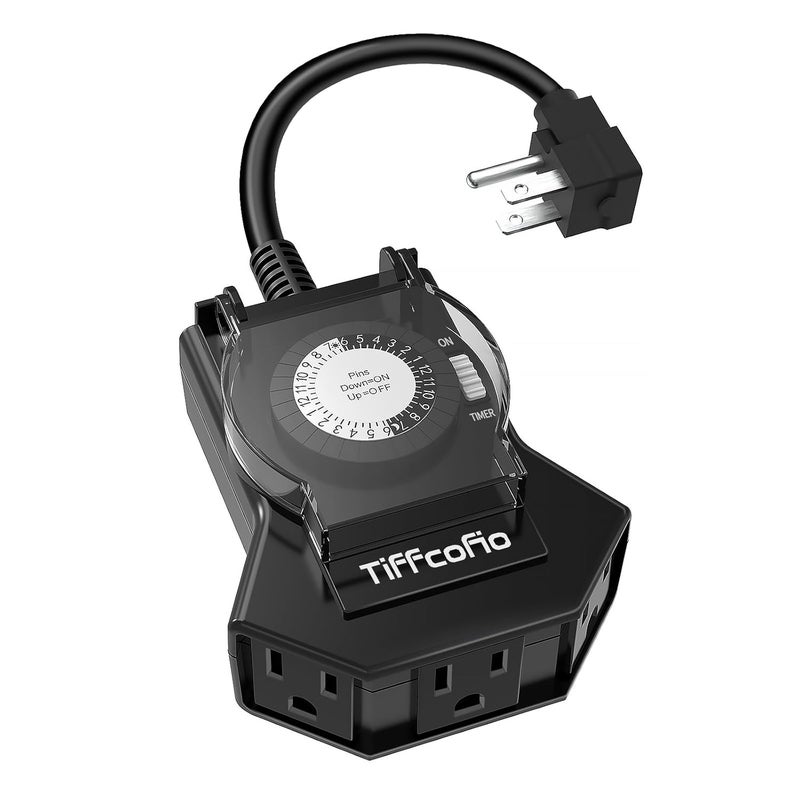 Tiffcofio مخرج مؤقت خارجي مقاوم للماء، مؤقت ضوء ميكانيكي 24 ساعة خارجي، 2 مخرج مؤرض للمنزل والحديقة، 15A 1/2HP، ثقيل، مدرج في ETL (1 عبوة) - Image 1